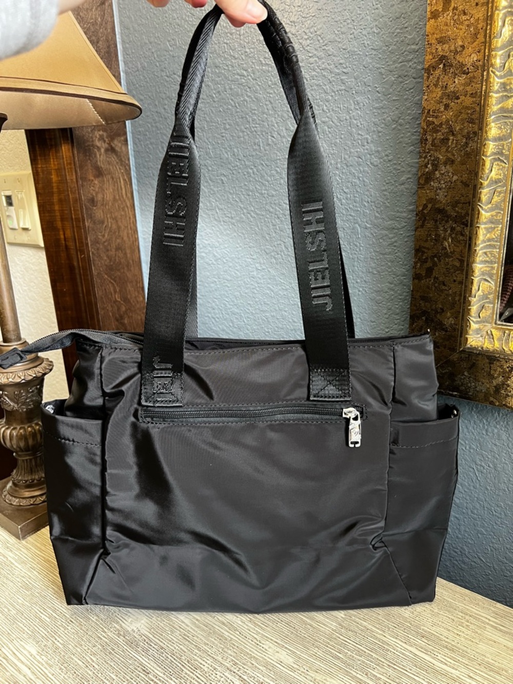 Black Shoulder Tote Bag with Logo Webbing Straps
